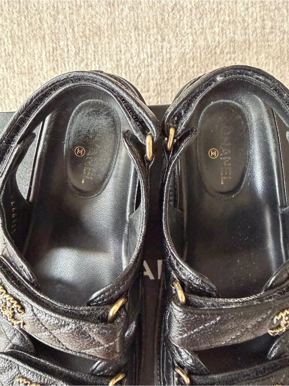 CHANEL Black Quilted Leather dad sandal size 38